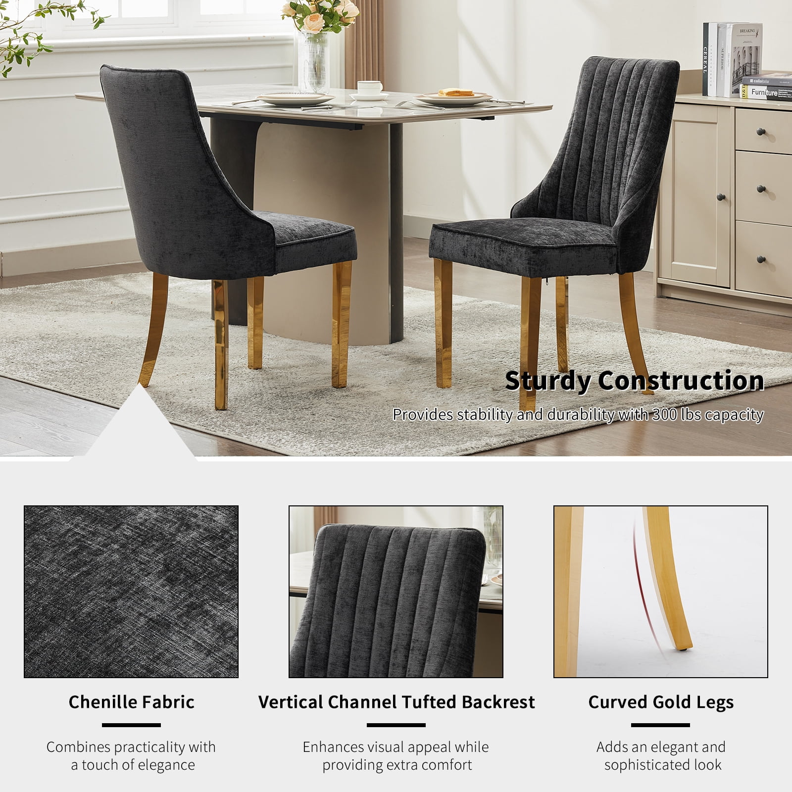 Black Mid Century Dining Chairs Set of 8, Modern Kitchen & Dining Room Chairs Set of 8, Chenille Fabric Upholstered Kitchen Chairs for Dining Table, Sillas de Comedor, Gold Legs (Black, 8 Pcs)