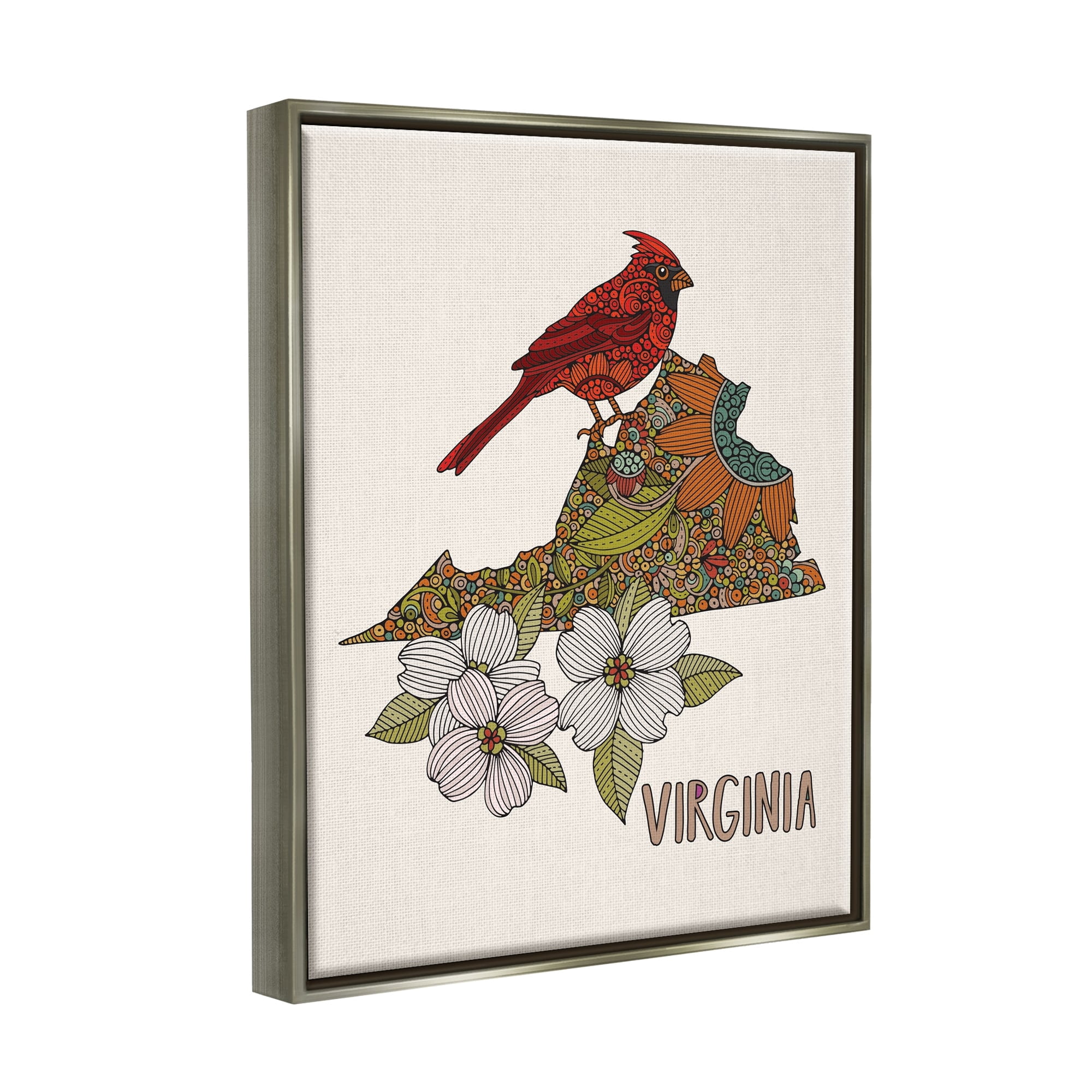 Stupell Industries Virginia Cardinal Bird Intricate Dogwood Floral Pattern Graphic Art Luster Gray Floating Framed Canvas Print Wall Art, Design by Valentina Harper