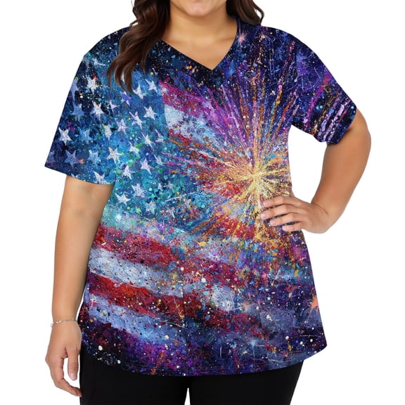 Scrubs for Women Plus Size Stretch Short Sleeve V Neck Pattern Nurse Tops Working Uniform Nursing Top with Pockets Dark Blue 3XL