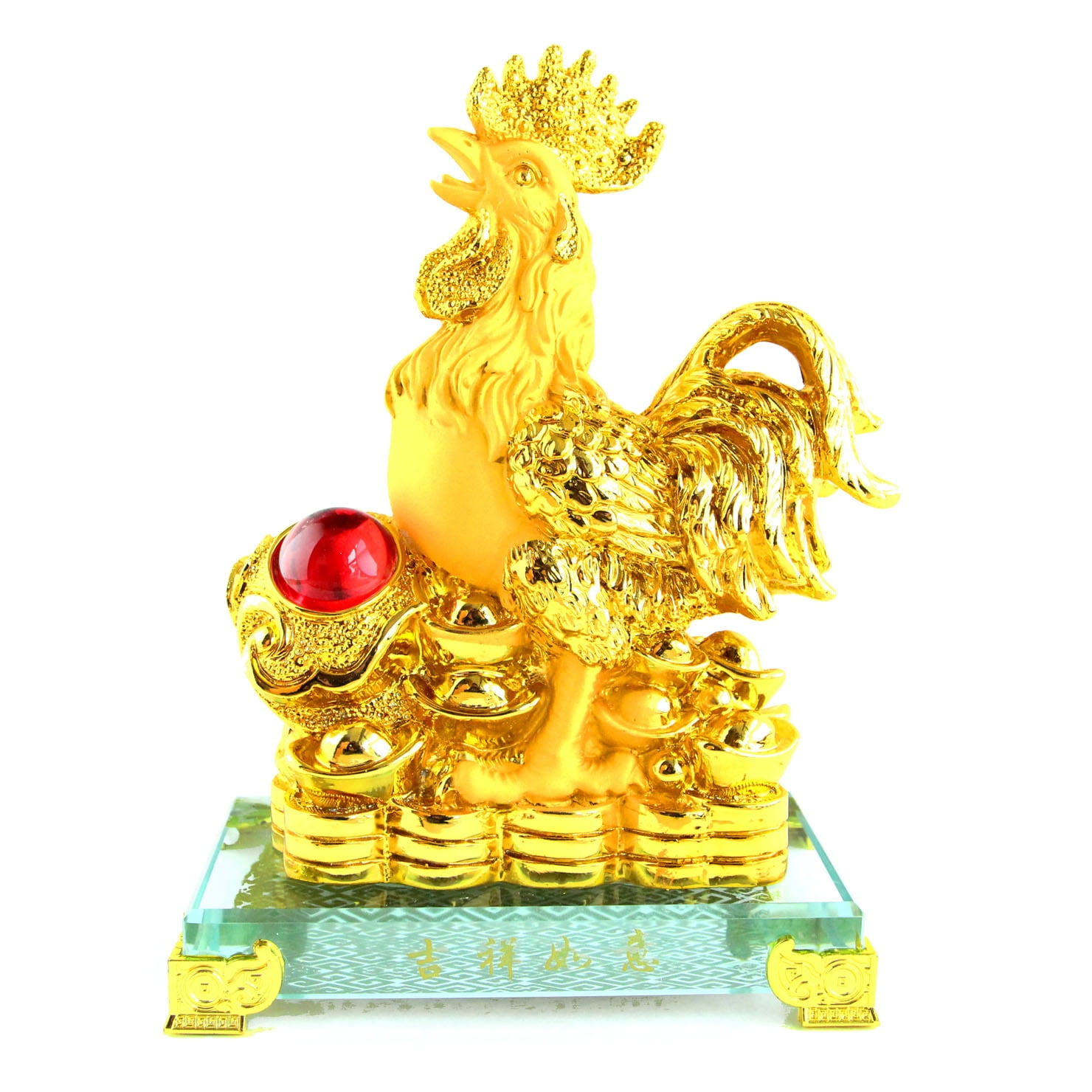 Golden Rubber Finished Rooster Statue with Ru Yi for Year of Rooster