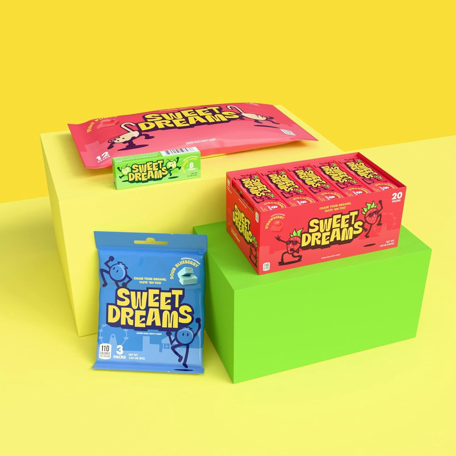 Sweet Dreams Soft Center-Filled Strawberry Candy - 4 Boxes, 80 Sticks, 640 Pieces - Gluten-Free Bulk Candy - Strawberry Filled Candy for Kids and Adults