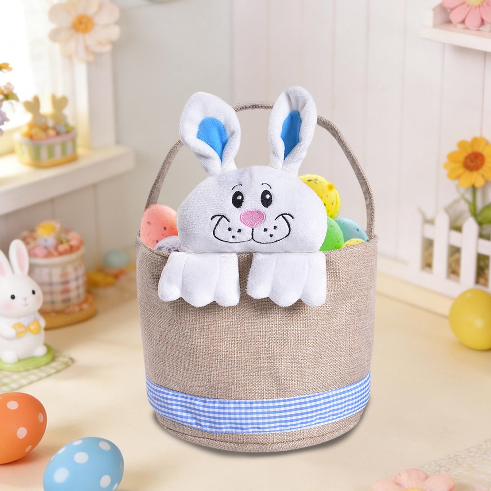 Lunxisen 1 Pcs Easter Bunny Basket Decorated Bunny Gift Basket for Easter Spring Holiday Party Home Decoration