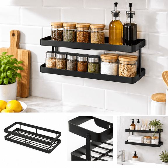 Kitchen Wall-Mounted Spice Rack Organizer | Metal No-Drill Shelf | Multi-Function Storage for Spices, Jars, Toiletries | 30x12.5x5.5cm | Install | 1pc | Space-Saving Design
