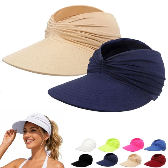 WCJM 2 Pack UPF 50 Sun Visor Hat for Women Wide Brim Lightweight Foldable Ponytail Cap for Summer Beach Running Cycling