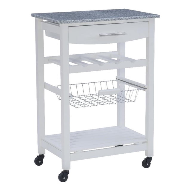 Linon Natalie Granite Top Rolling Kitchen Storage Island in White Wood