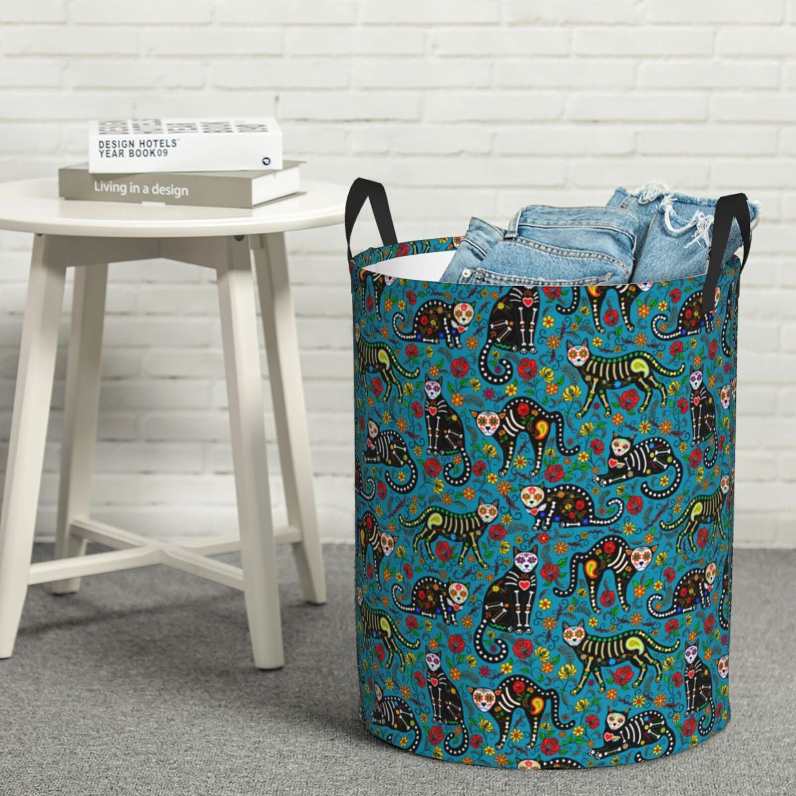 Fuzoiu skull black cats in mexican Print Circular Hamper,Laundry Basket with Handle,Collapsible Laundry,Dirty Clothes Storage Basket,for Bedroom Bathroom Dorm Living Room-Small