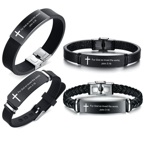 4Pcs John 3 16 Men's Inspirational Bible Verse Bracelets Leather Silicone Cuff Bracelet Black Wristband Scripture Quote ID Jewelry Easter Baptism Confirmation Gift for Daily Reminder