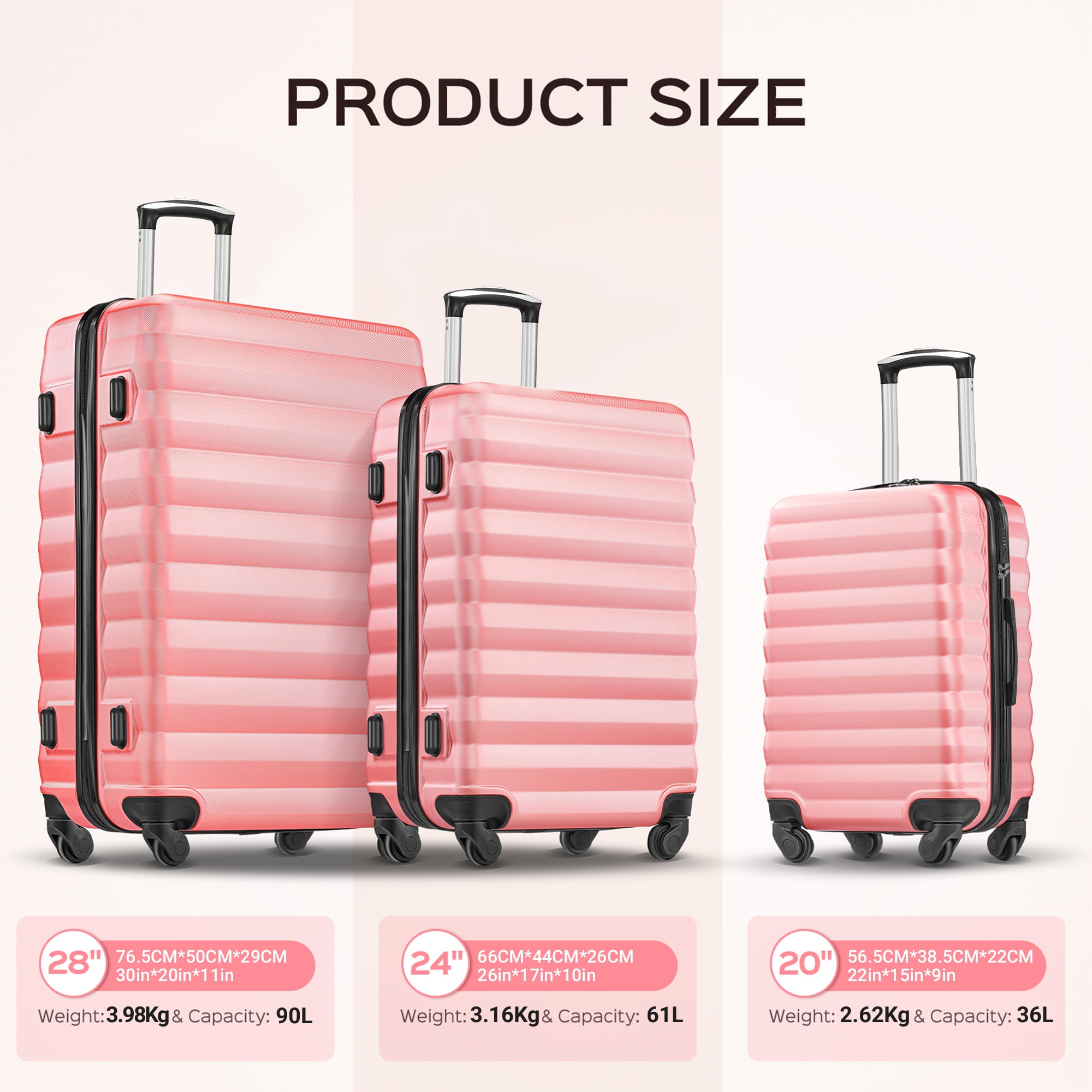 Gowill 3 Piece Luggage Sets 20"/24"/28" Lightweight Hardside ABS Checked Suitcases with Spinner Wheels, Pink