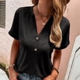 thumbnail image 3 of Sarapandan Button Short Sleeve Top V Neck Drop Shoulder Loose Casual Soft Women Button Summer T Shirt Black L, 3 of 6