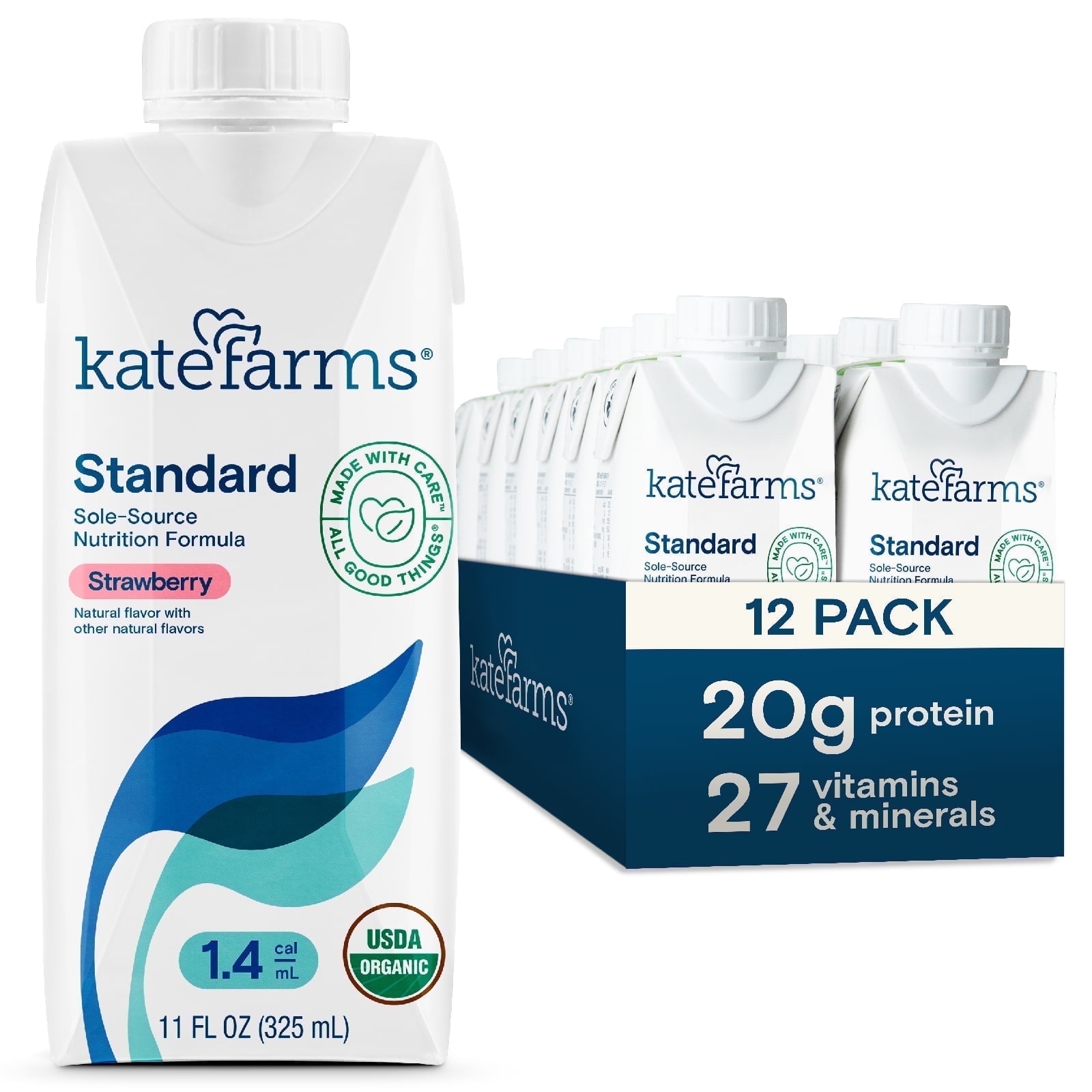 Kate Farms Organic 1.4 High Calorie Adult Nutrition Shake, Strawberry, 20g Protein, 27 Vitamins and Minerals, Meal Replacement, 11 oz (12 Pack)