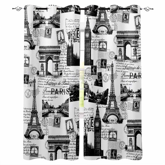 Paris Tower Blackout Curtains for Bedroom/Living Room, Thermal Insulated Kitchen Curtains, Vintage Architectural Hand-Painted Aesthetic Grommet Darkening Window Treatment Drapes 27.5"x39"x2