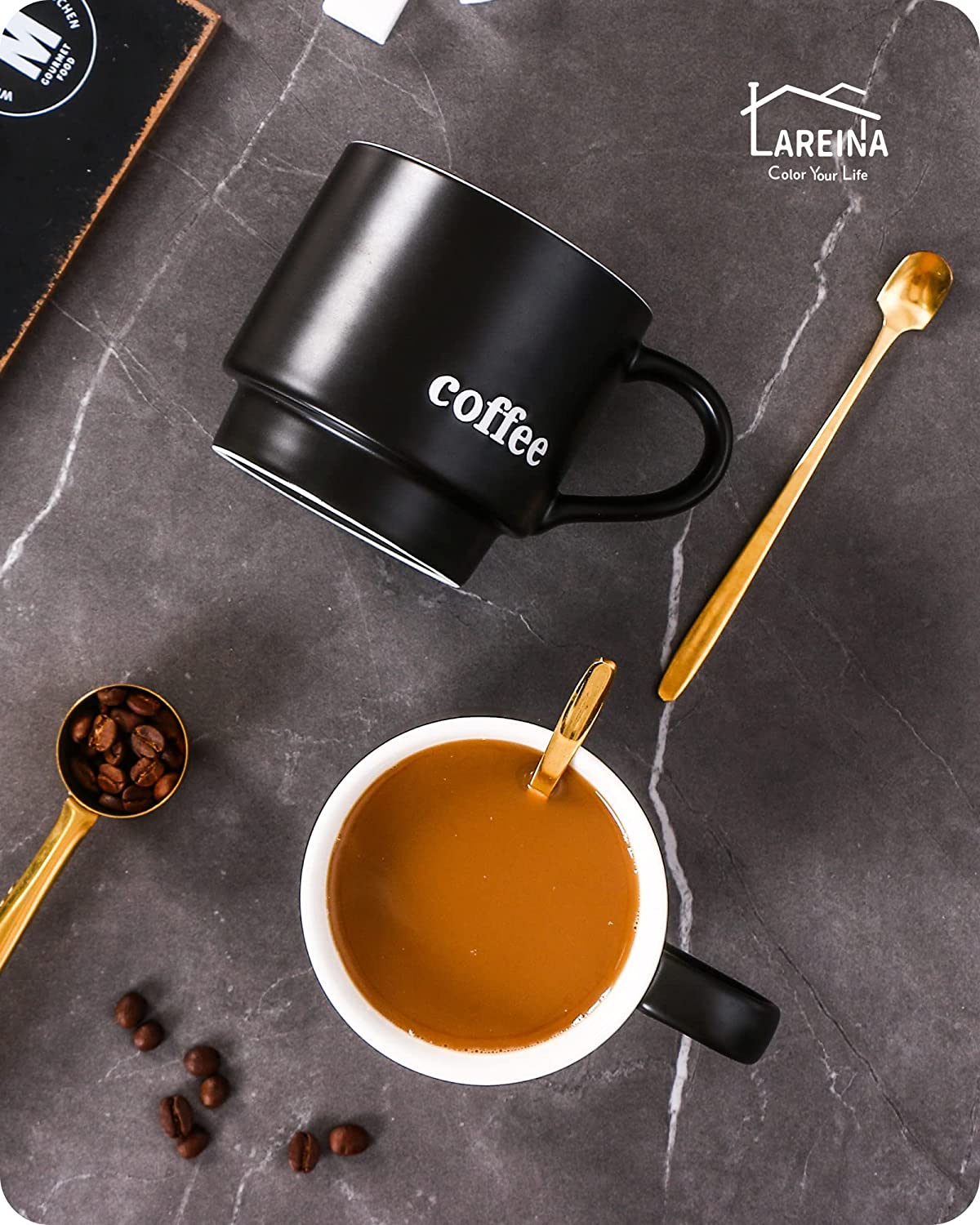 Lareina Porcelain Stackable Coffee Mug Set With Stand Rack and Spoons, 15 Ounce Cappuccino Cup Set of 4 for Specialty Coffee Drinks and Tea - Black