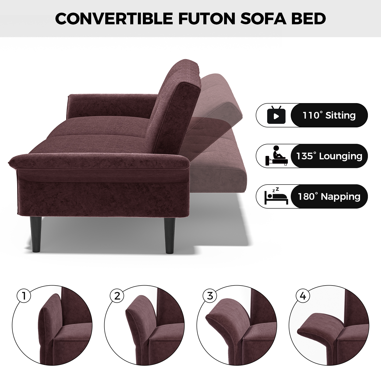 COPIAE 89” Futon Sofa Bed with 2 Square Pillows, Convertible Sleeper Sofa with Adjustable Backrest& Armrests, Modern Loveseat Sleeper for Living Room