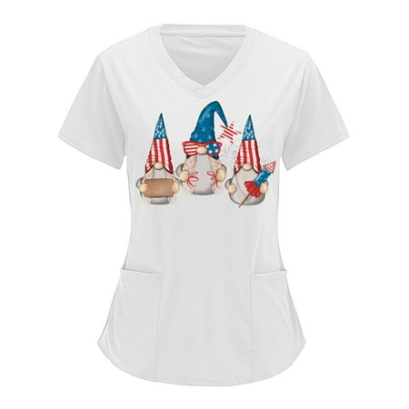 

4th Of July American Flag Tops Women s Scrubs Top Print Short Sleeve V Neck Solid Shirts Blouse With Pocket Women s Working Uniform Nursing