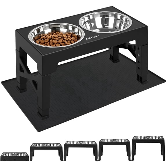 ZALALOVA Elevated Dog Bowls with Mat, Raised Dog Food Bowl Stand with 2 Stainless Steel Bowls, 5 Height Adjustable(3.15", 8.9", 10",11.2", 12.4") for Medium and Large Dogs(Black)