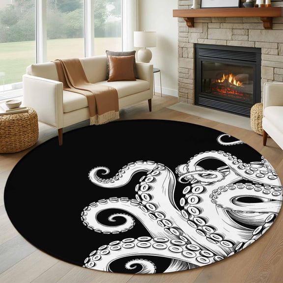 Large Round Rug 8Ft Washable Non-Slip, Black White Octopus Circle Area Rugs for Living Room Bedroom, Coastal Ocean Animals Nautical Indoor Floor Mats Carpet Runner for Home Decor