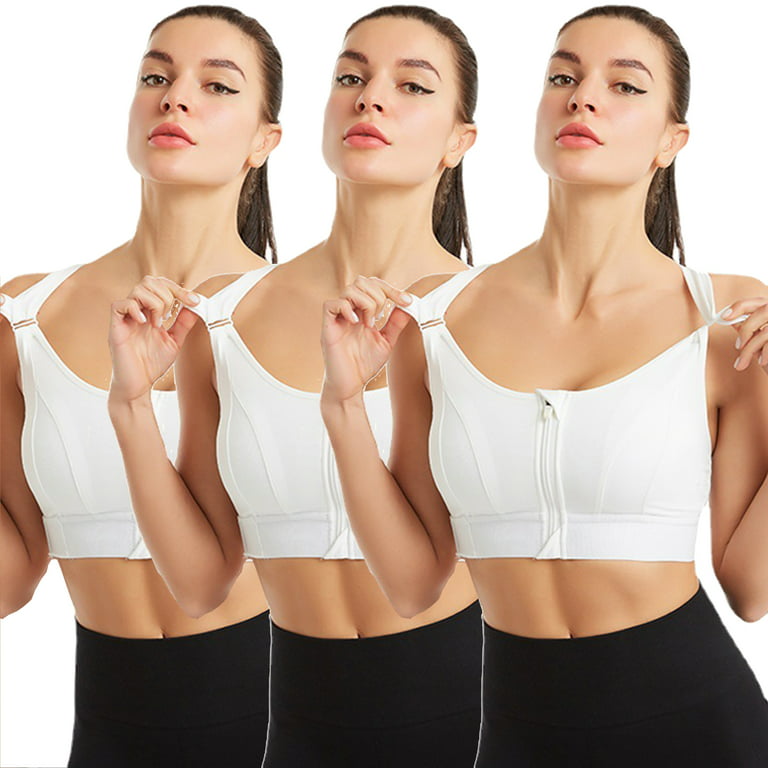 Elbourn 3Pack Women's Sports Bra Front Zipper Closure Sports Bra High  Impact Support Racerback Workout Yoga Sports Bras （White-5XL）