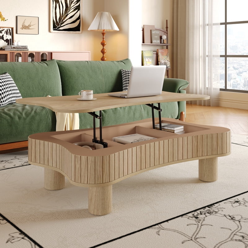42" Lift Top Coffee Table with Hidden Storage, Fluted Panel Center Table with Hydraulic Lift, Rounded Corners, Wood Living Room Coffee Table for Small Spaces,Natural Wood