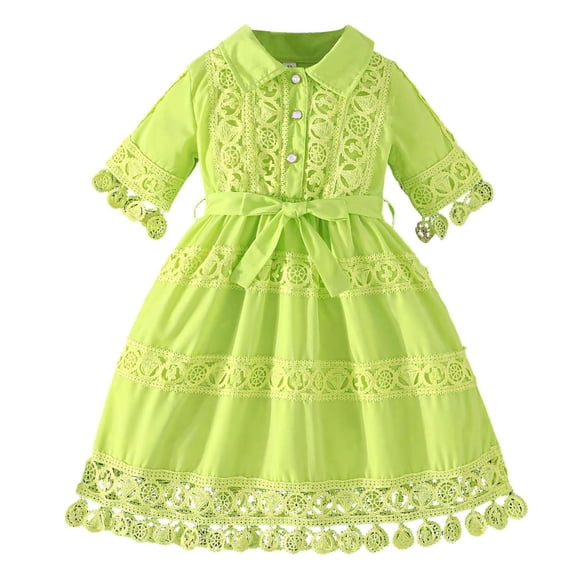 WRKEKC Dresses for Girls Short Sleeve Turn Down Collar Lace Detail Solid Color Soft Breathable Comfortable Cotton Daily 2-8 Years