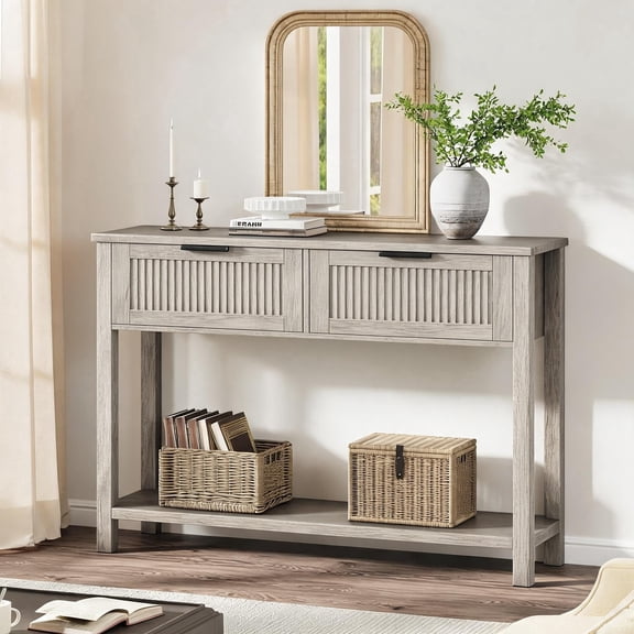 Panapinka Entryway Table with 2 Drawers, Farmhouse 43 Inch Wood Fluted Console Table with Shelf, 2 Tier Sofa Table with Storage for Living Room, Foyer Tables for Entryway