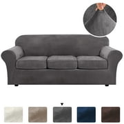 H.VERSAILTEX 4 Pieces Velvet Plush Sofa Covers Stretch Couch Covers for 3 Cushion, Sofa Size, Grey