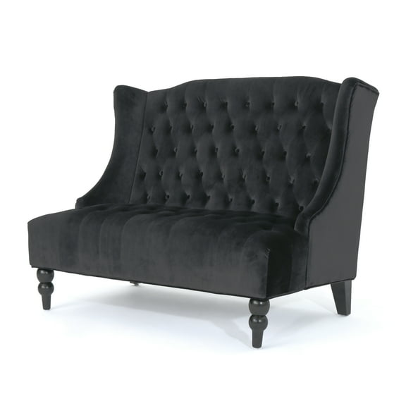 Lanny Loveseat Settee, Wingback Bench 50 Inch Wood, Tufted Black Velvet