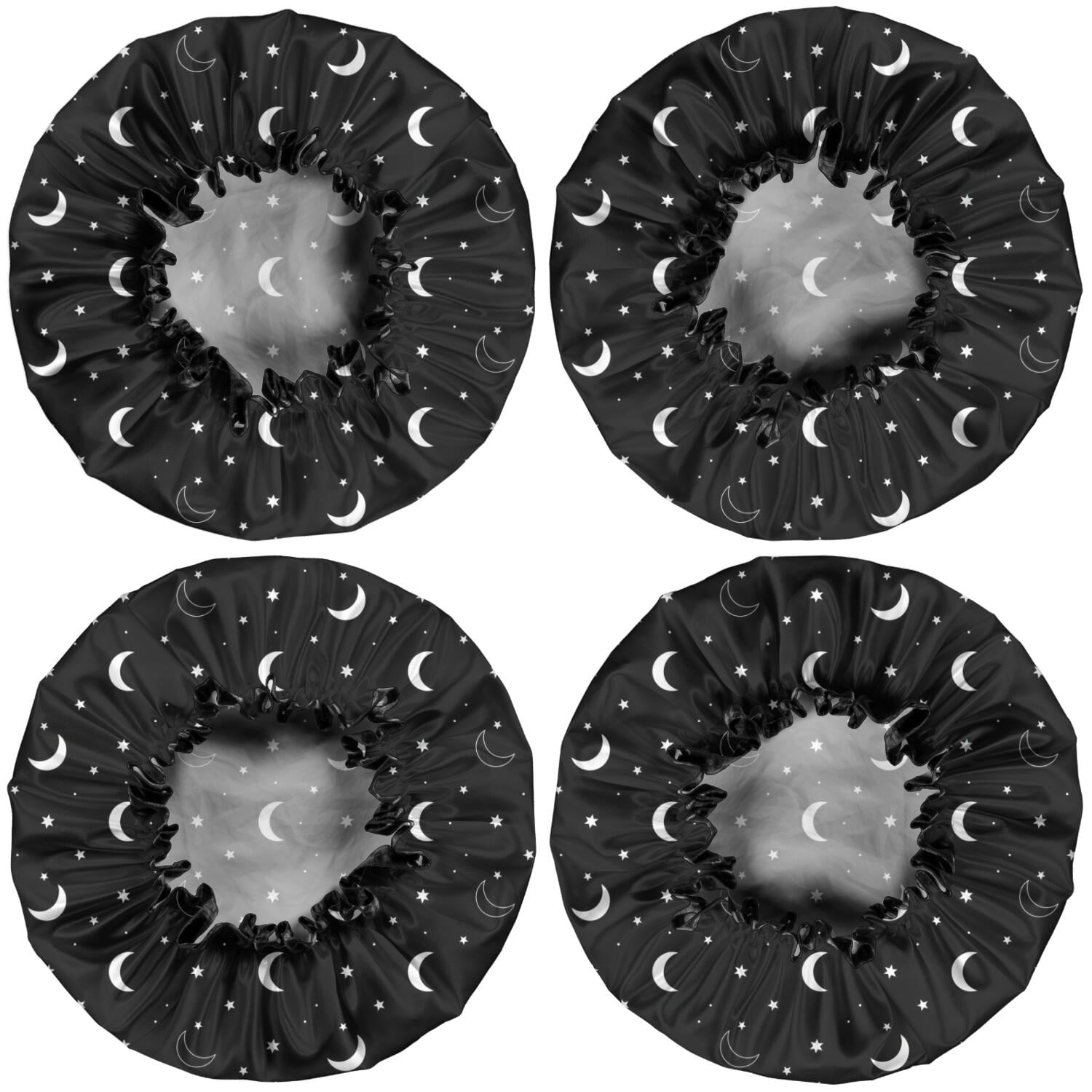 Shower Caps,Black White Moon Star Pattern Waterproof Shower Cap for Women 4 Pieces,Double Reusable Hair Cover for Shower PEVA Elastic Stretch Hem