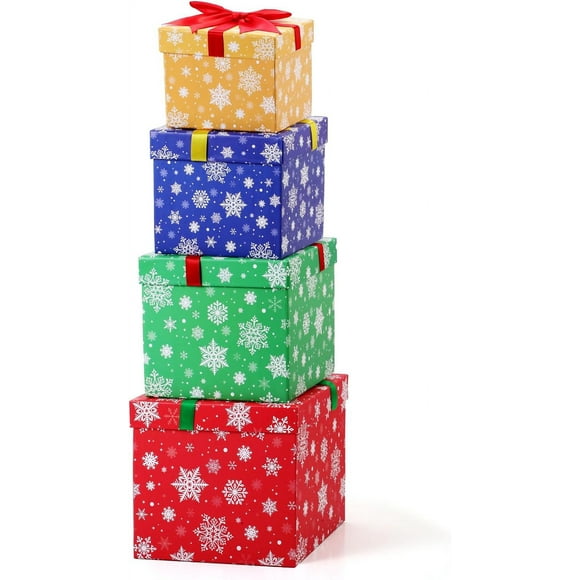 4 Pcs Snowflake Nesting Gift Boxes Hard Winter Christmas Stackable Decorative Boxes with Lids for New Year, Holiday, Birthday Party Gift Decor Supplies