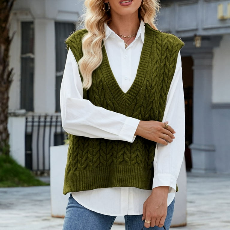Meichang Cable Knit Sweater Vest Women V Neck Sleeveless Pullover