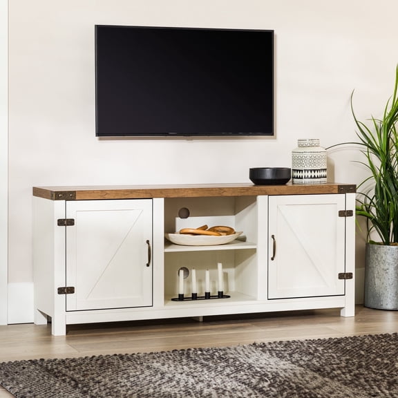 Open Box Walker Edison Modern Farmhouse Barn Door TV Stand for TVs up to 65, White/Barnwood