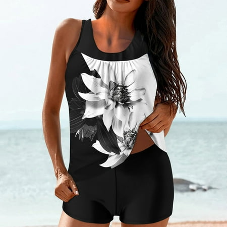 CFLVAEK Tankini Swimsuits for Women 2025 Two Piece Bathing Suits Elegant Flower Graphic Swim Tank Top with Boyshorts for Ladies Modest Tummy Control Swimsuits Multicolor M
