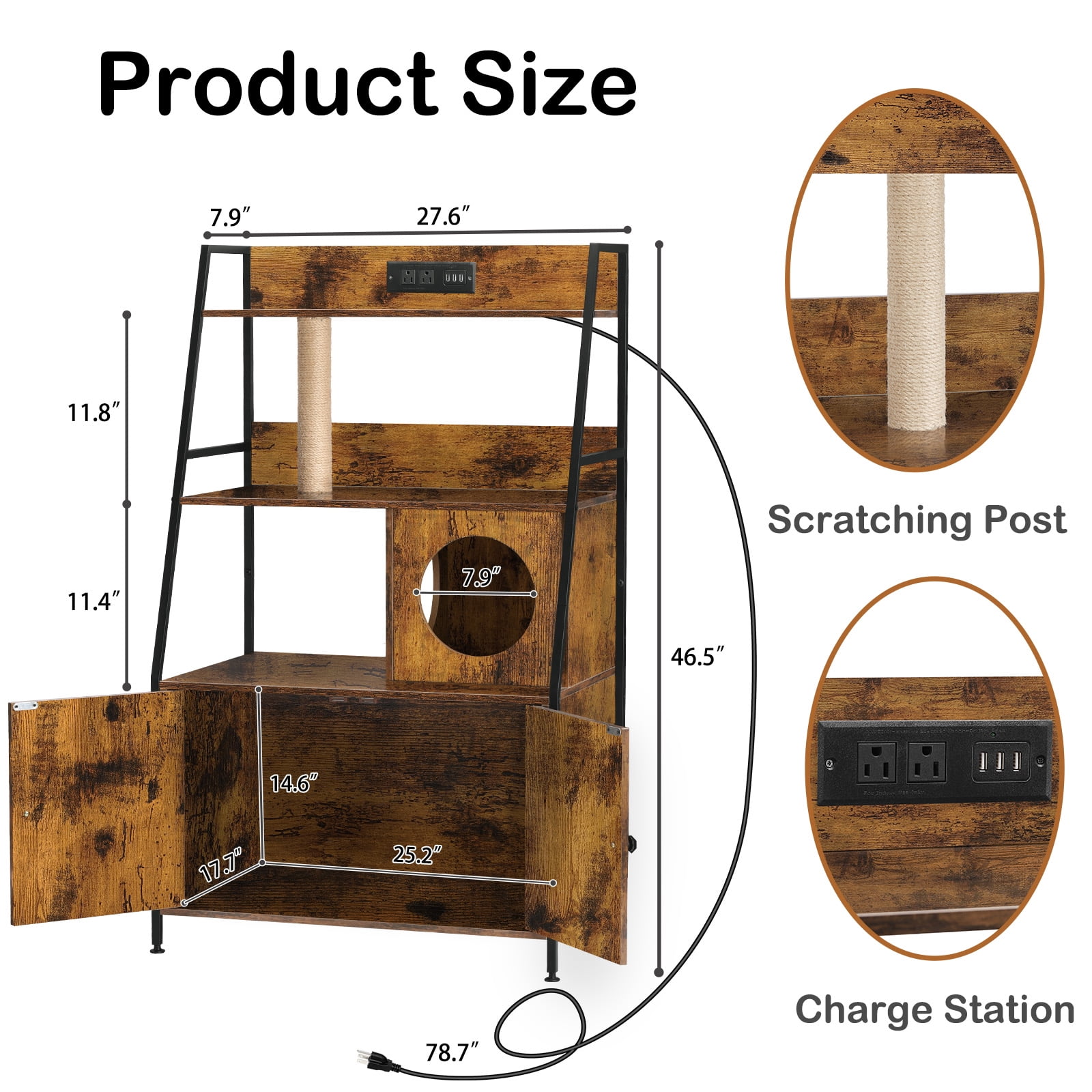 Nightstand Hidden Litter Box Side Table with Charging Post Brown