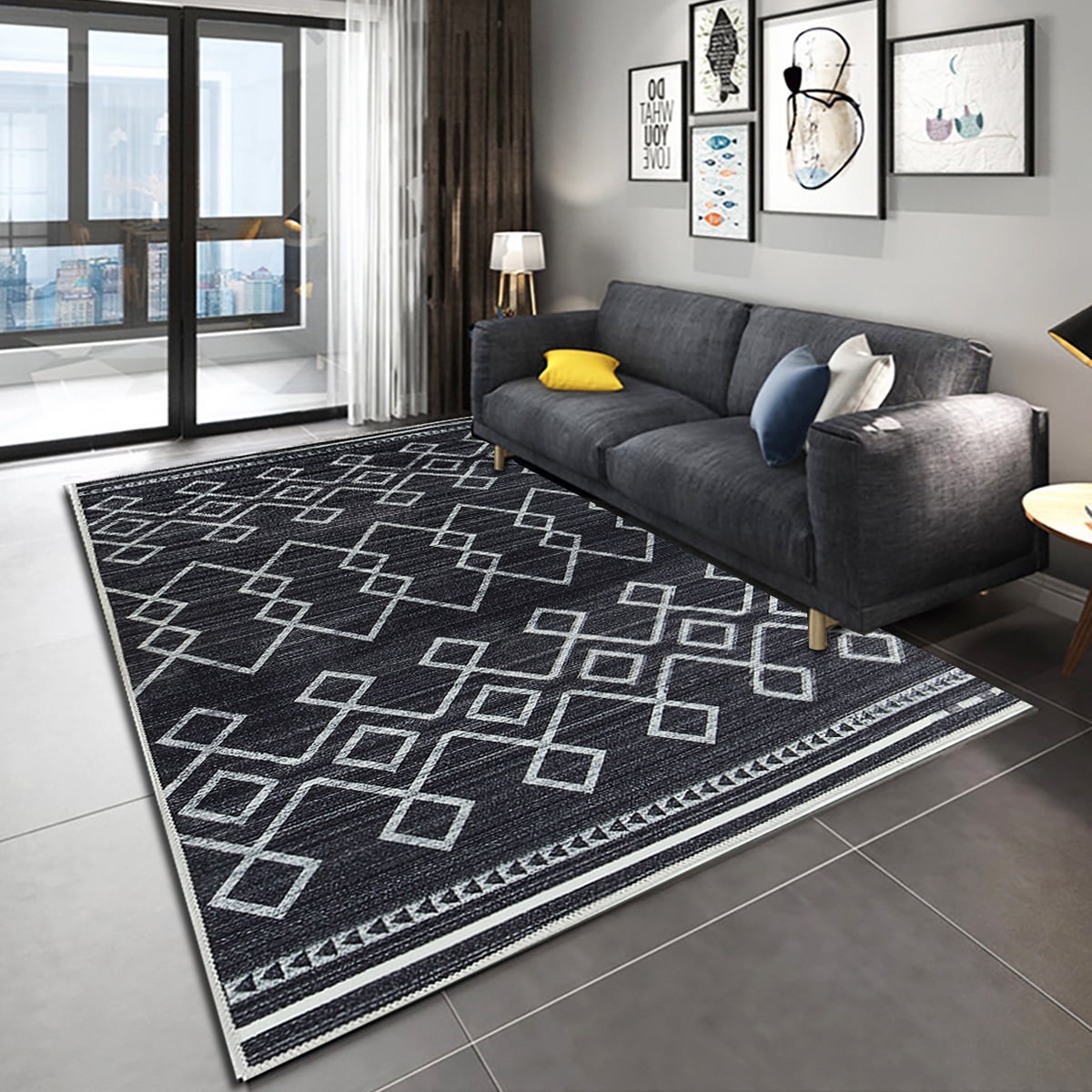 Small Large Rug Carpet Black Grey Rugs Wave Pattern Living Room Floor  Mat 