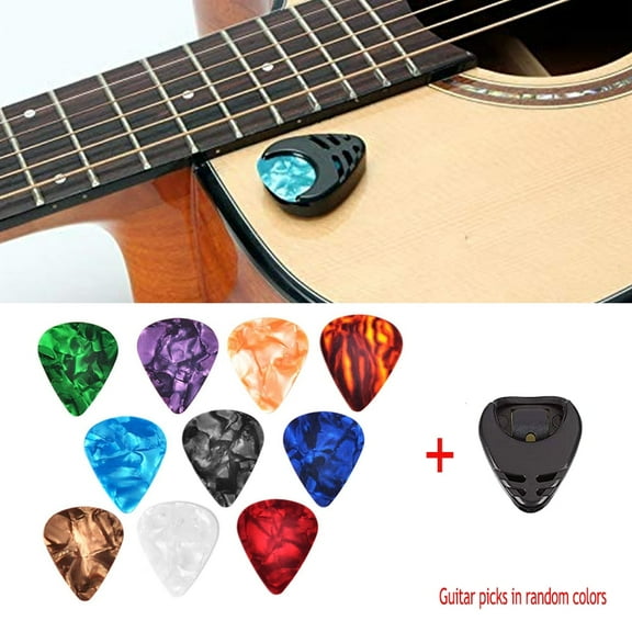 10 Pcs Guitar Picks & Guitar Pick Holder Set for Acoustic Guitar Electric Guitar Bass Ukulele Stick-on Holder (Picks Random Color)