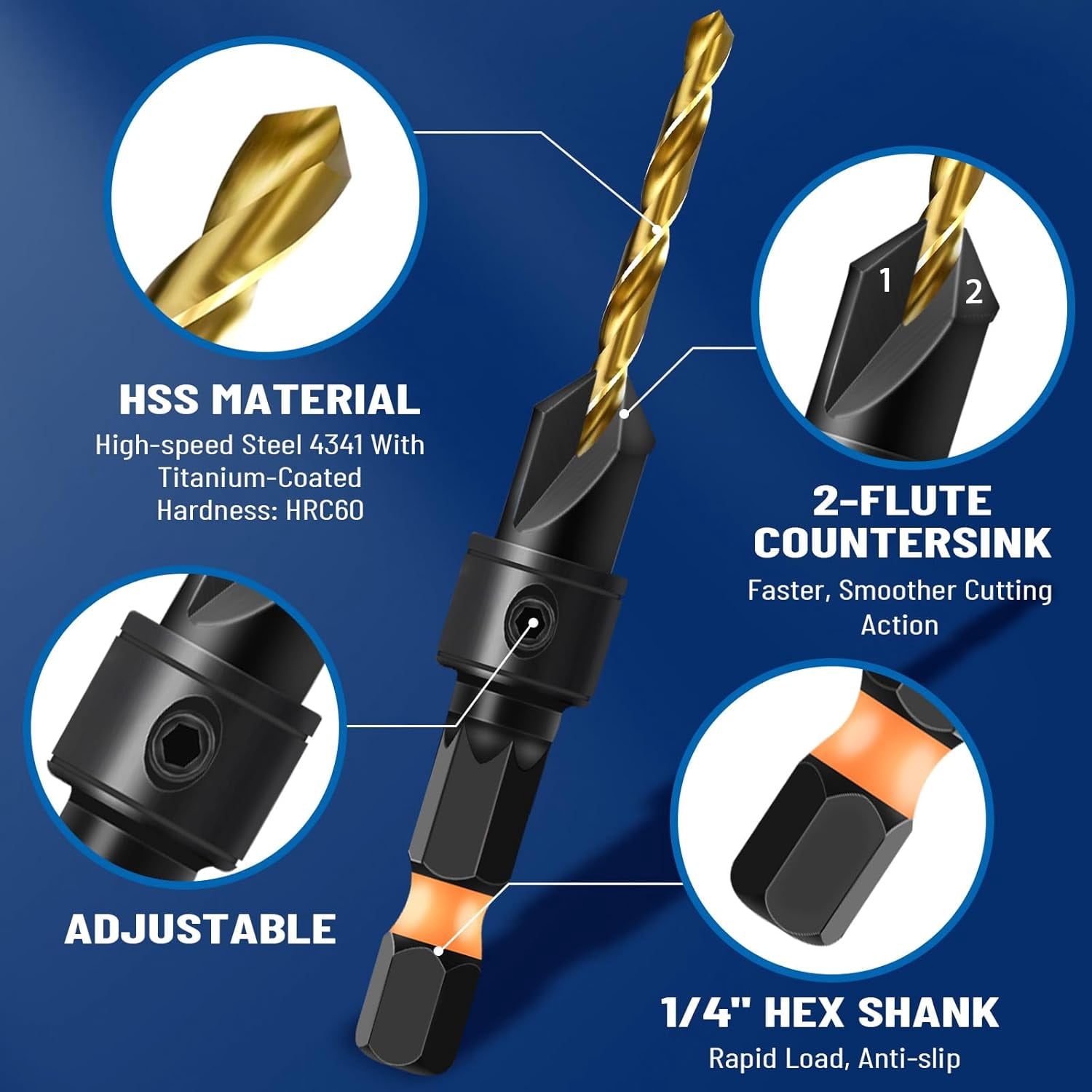 FRKSMD-#4 Countersink Drill Bit Set for Wood, 12Pcs Adjustable Counter Sink Drill Bit with Magnetic Extension Bit Holder and 1/4” Hex Shank Quick Change for Woodworking