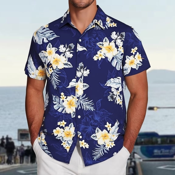 BUWTTER Casual Printed Shirt for Men Short Sleeve Button Down Comfortable Breathable Daily Wear Outdoor Beach Shirts Dark Blue L