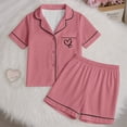 thumbnail image 2 of GobdXE Girls Solid Color Satin Short Sleeve Pajama Set Double Heart Embroidery Notch Collar Button Down Sleep Shorts Loungewear Color:Pink,Size:6-7 Years, 2 of 7