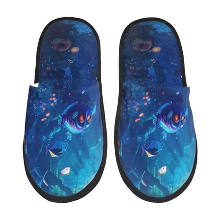 

Fuzoiu Deep Sea Glowing Fishes Print Unisex Furry Slippers Plush Indoor Shoes Trendy House Slippers Anti-Skid EVA Sole House Shoes for Home Office and Travel -Large