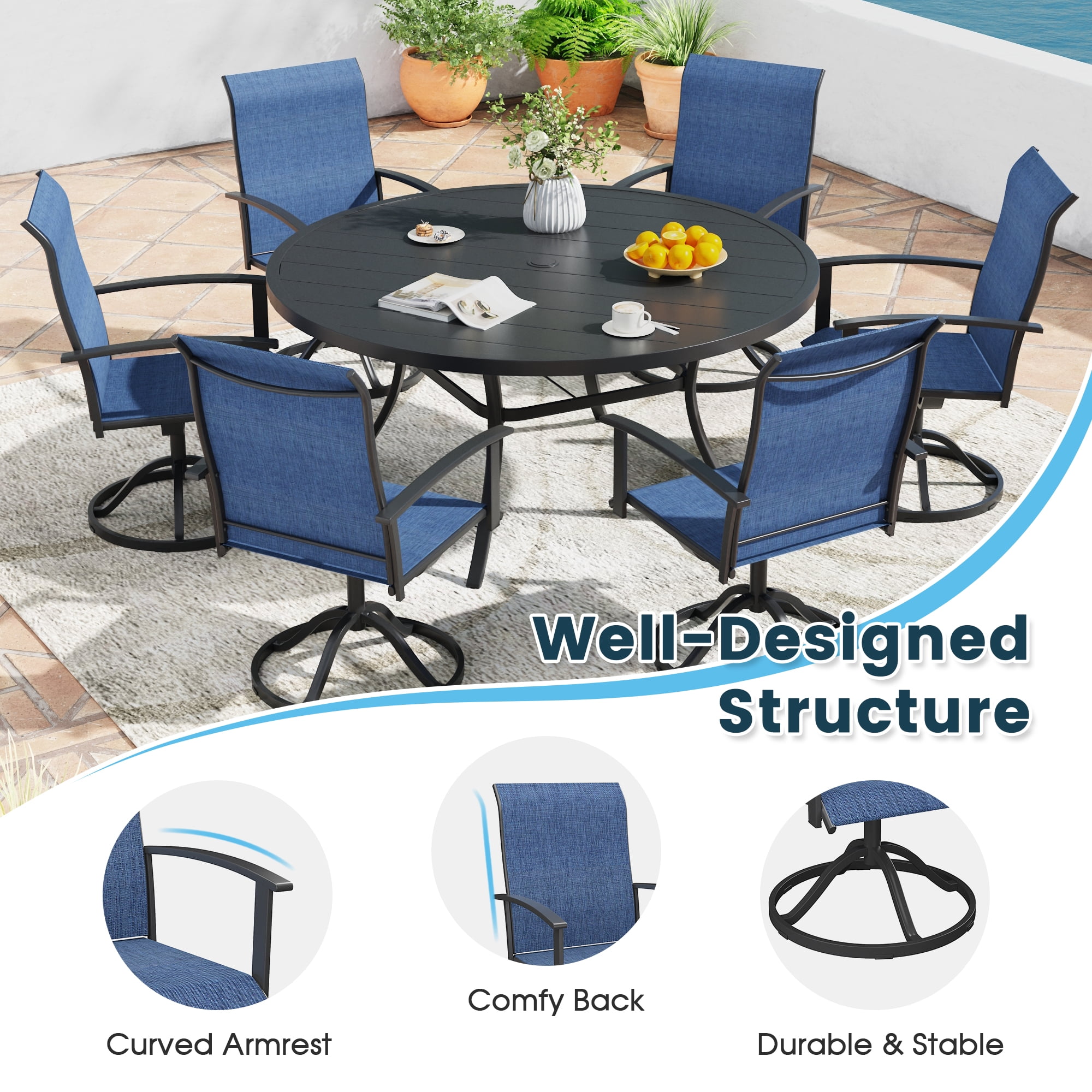 DIFY 7PCS Patio Dining Furniture Set, 53" Round Slatted Table and 6 Swivel Textilene Chairs
