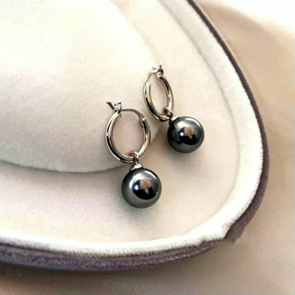 K-KED New 8/10/12/14/16mm Black South Sea Shell Pearl Silver Hook Dangle Earrings-16 mm