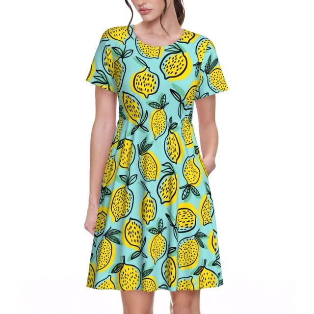Bixox Robe d'Été à Manches Courtes pour Femmes Robe Ample Longueur Genou avec Poches-Citron1