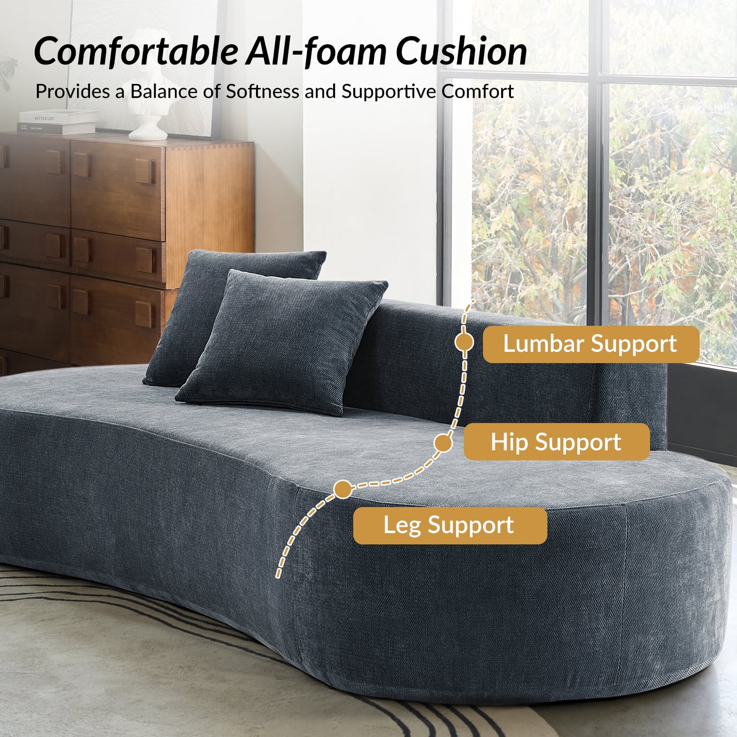 Tina's Home Modern Minimalist 3-Seater Blue Sofa for Adult Living Room Couch with Curved Design No Assembly Required