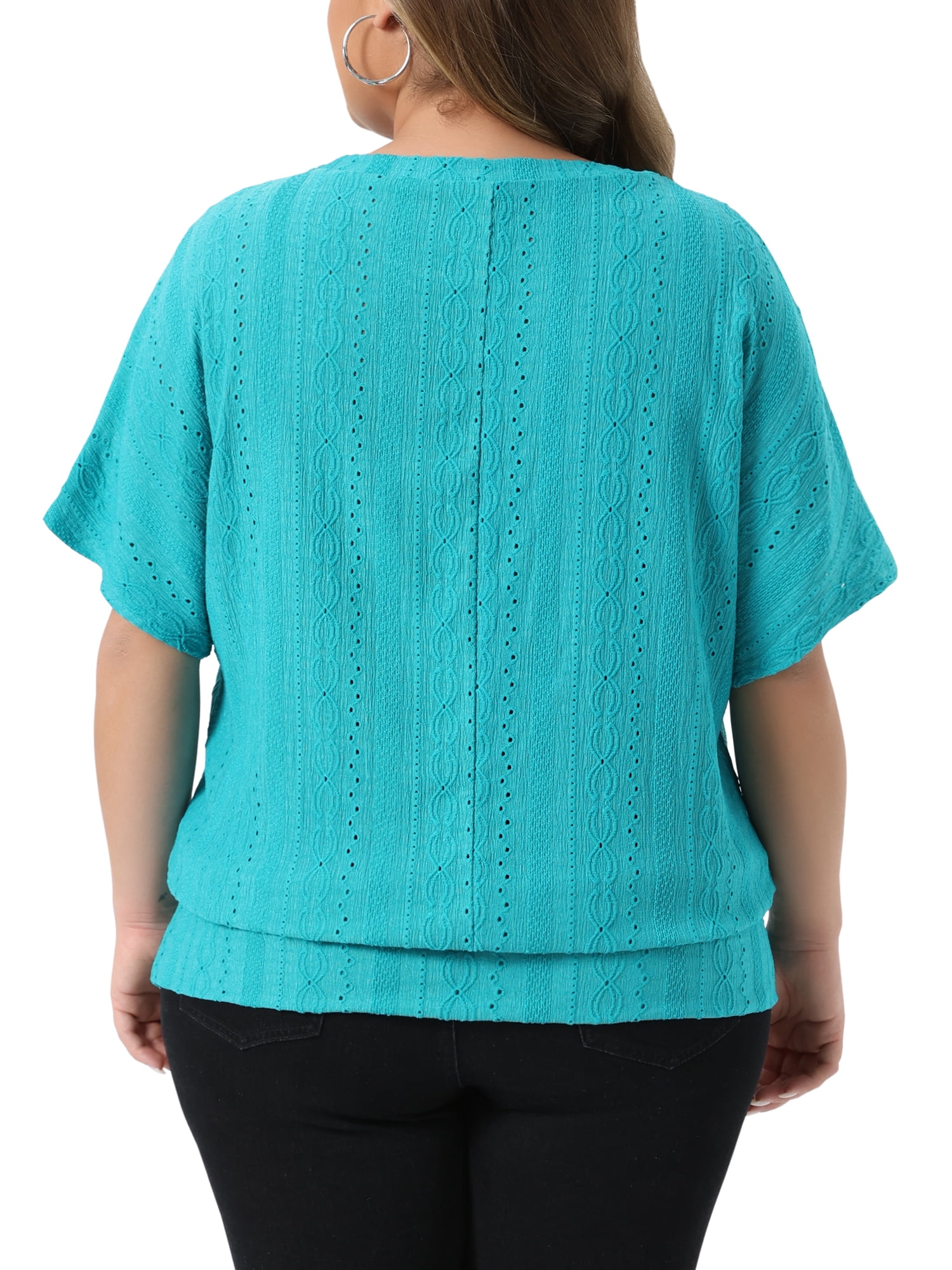 DARING DIVA Women's Plus Crew Neck Hollow Short Sleeve T Shirt 2X Lake Green