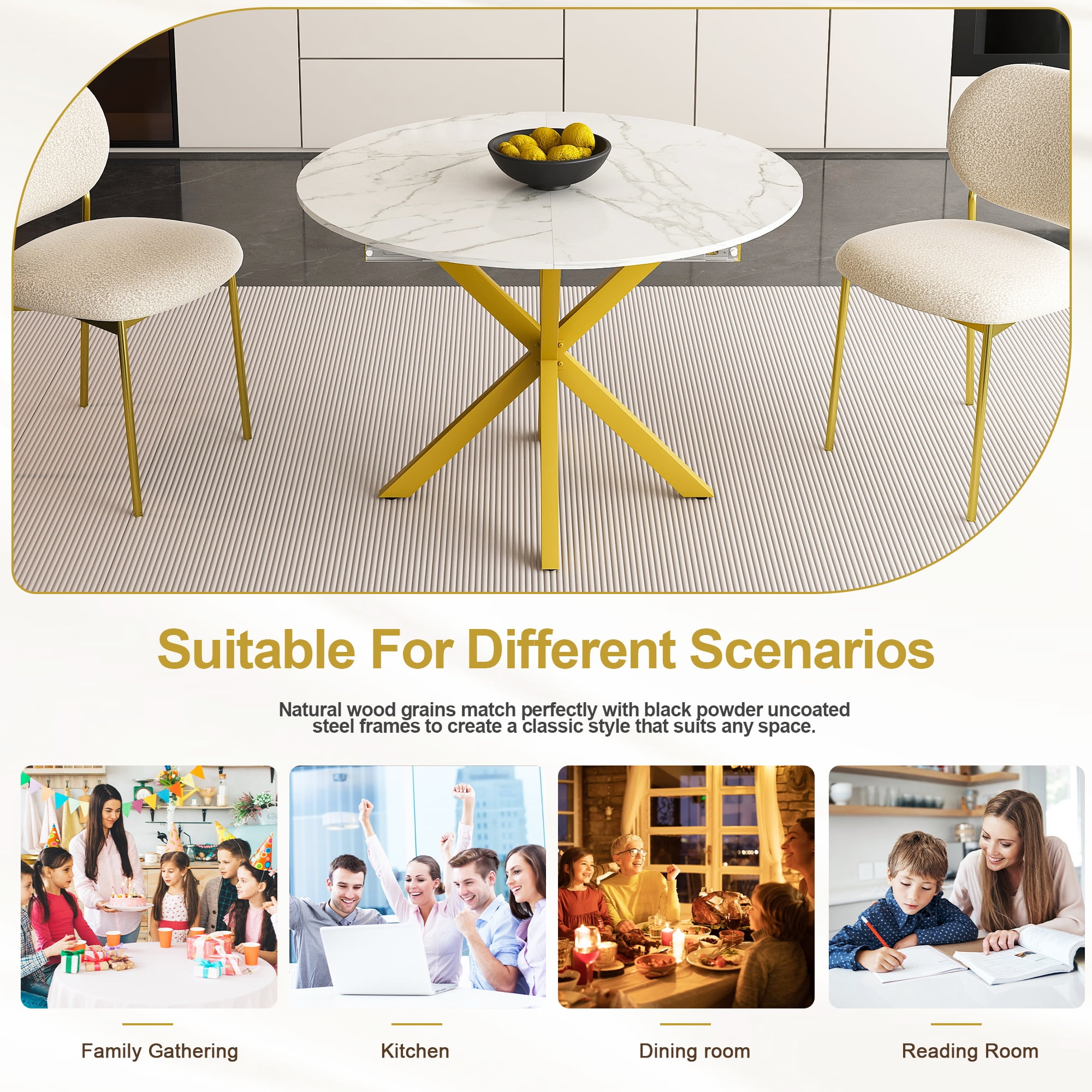 PORKISS 59" Extendable Round Dining Table for 6, Modern Kitchen Table with Carbon Steel Base, Dining Room Table with Thickened Marble-veined Tabletop, Perfect for Small Space, White+Gold