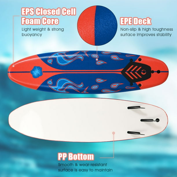 Gymax 6ft Surfing Body Board w/ 3 Removable Fins Safety Leash Red