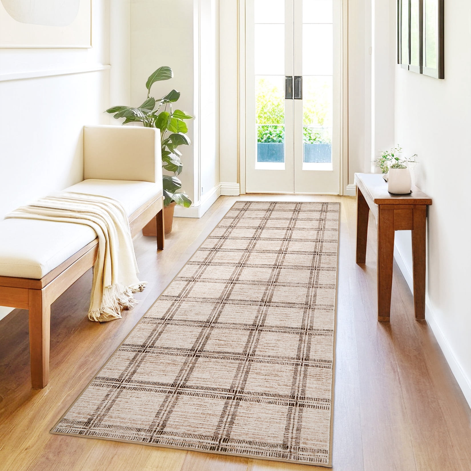 Nasitip Modern Geometric Plaid Pattern Camel 2'x6' Area Rugs for Living Room Soft Low Pile Non-Sliping, Machine Washable
