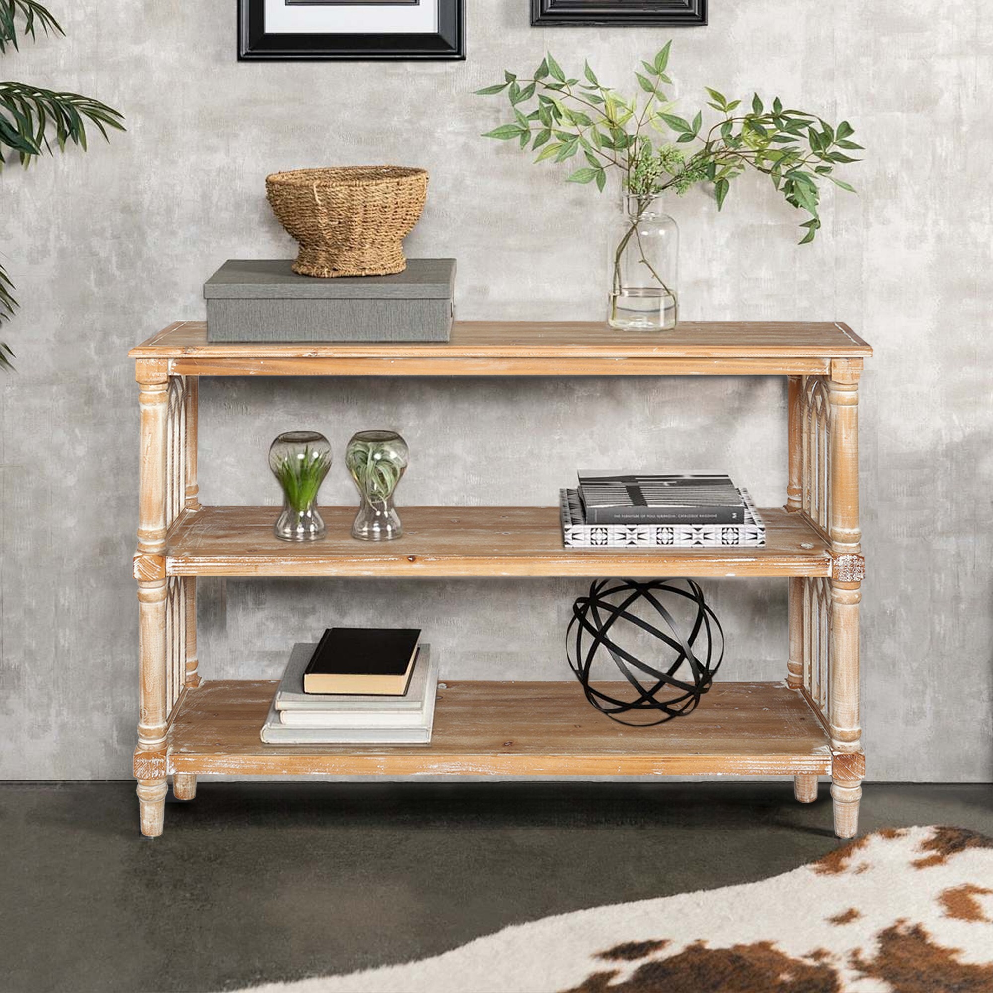 AENKYO 3-Tier Gothic Hallway Console Table, Distressed Finish Entryway Table for Living Room, Antique Natural Color