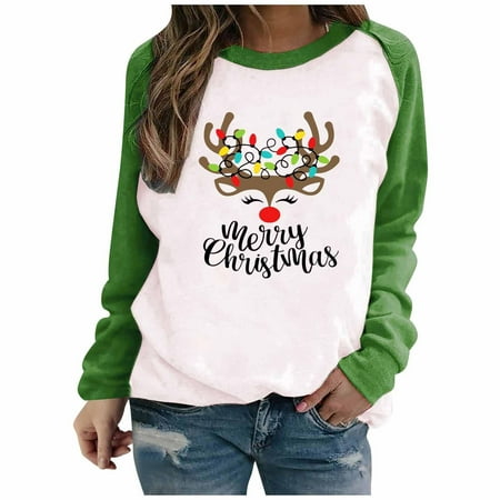 

Women s Christmas Long Sleeve Sweatshirt Printed Crew Neck Shirt Casual Fit Pullover Lightweight