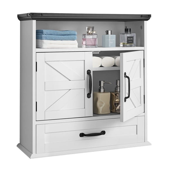 White Over-The-Toilet Bathroom Storage Cabinet - 2-Door Wall Mounted Medicine Cabinet with Adjustable Shelf, Drawer & Open Organizer for Laundry Room, Kitchen, Restroom