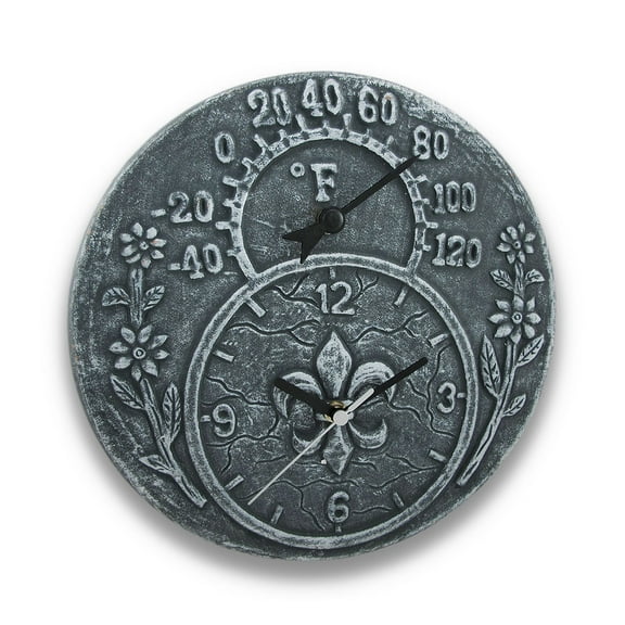 Gray Stone Finish Terracotta Fleur De Lis Clock/Thermometer